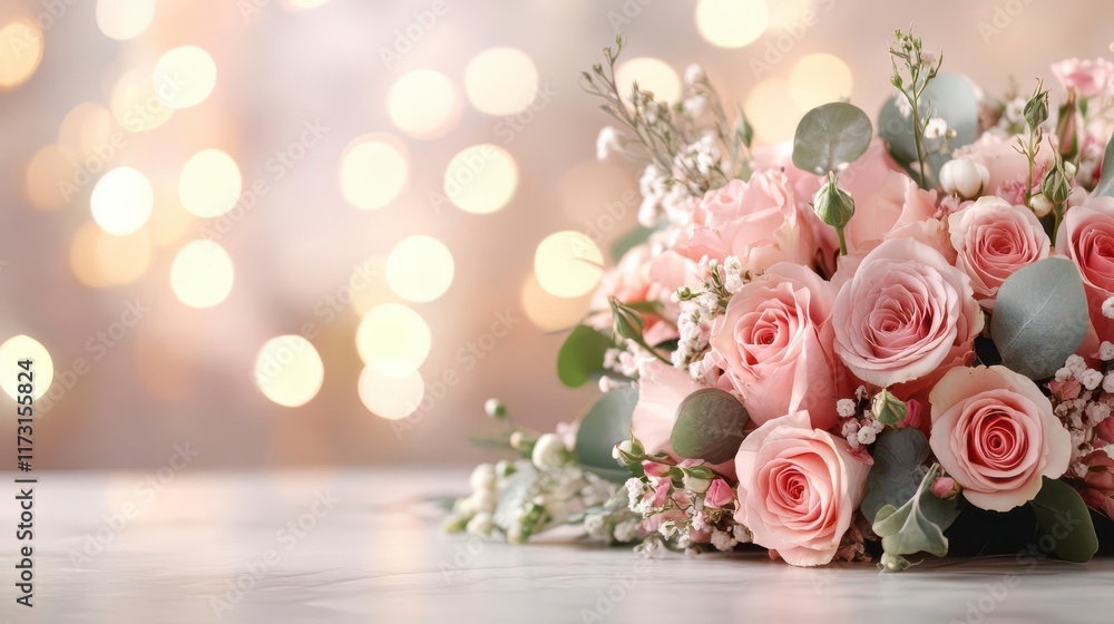 Delicate blush pink roses bouquet, soft light bokeh background. Romantic floral arrangement. Delicate blush pink roses bouquet, soft light bokeh background. Romantic floral arrangement.