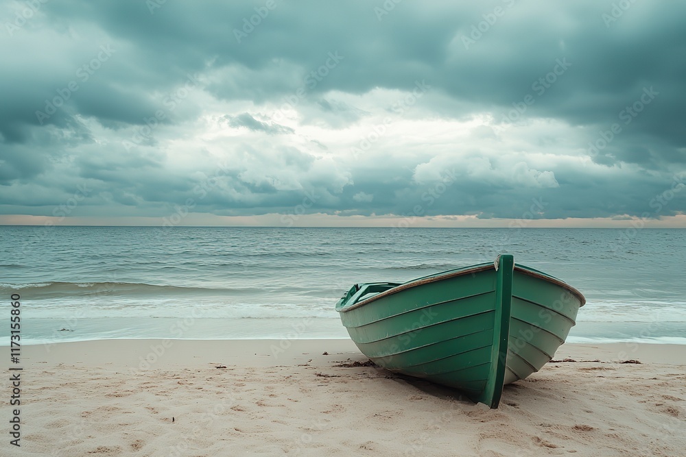 Tranquil Beach Scene with a Green Boat Under a Stormy Sky Tranquil Beach Scene with a Green Boat Under a Stormy Sky