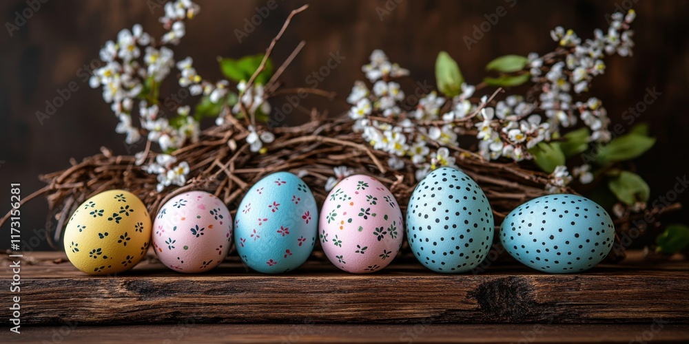 Fototapeta premium Hand-Painted Easter Eggs with Spring Blossoms