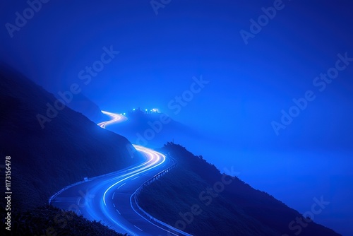Winding Road at Night in the Mountains, Blue Hour