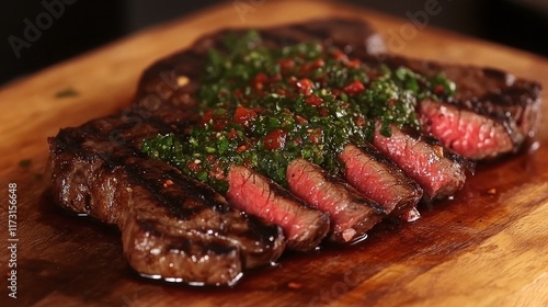 A wooden board with a seasoned wagyu bavette steak grilled with chimichurri sauce and chili photo