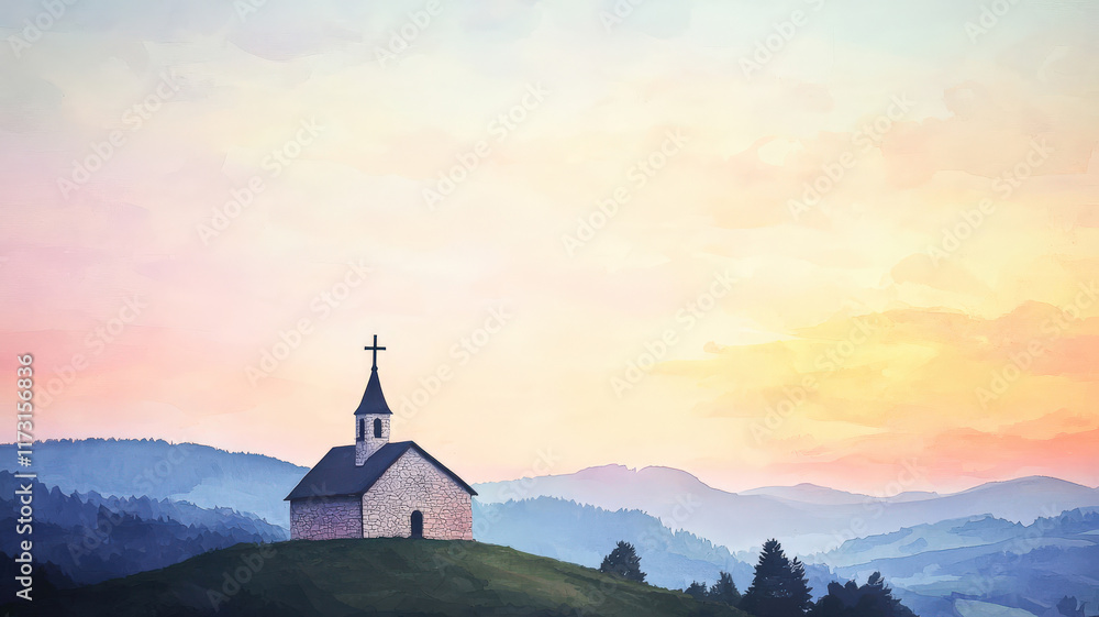 Fototapeta premium A serene watercolor of an old stone church on a hill at sunset, with a cross silhouetted against the sky and rolling hills in the distance, evoking peace and spiritual reflection.