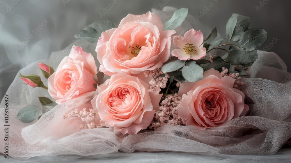 Delicate blush pink roses, nestled in soft tulle, create a romantic and serene atmosphere. Delicate blush pink roses, nestled in soft tulle, create a romantic and serene atmosphere.