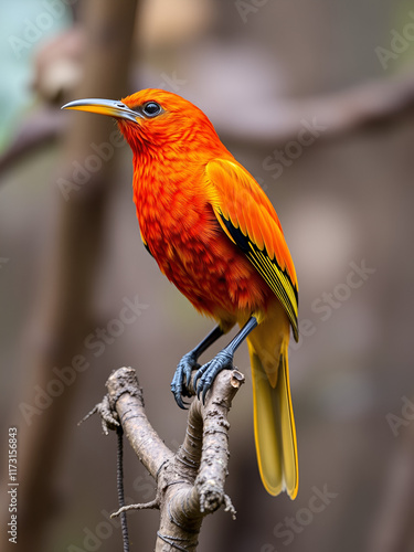 The Flame Bowerbird (Sericulus ardens) is a vibrant bird species native to the rainforests of New Guinea. Males are known for their striking fiery orange plumage and intricate courtship displays photo