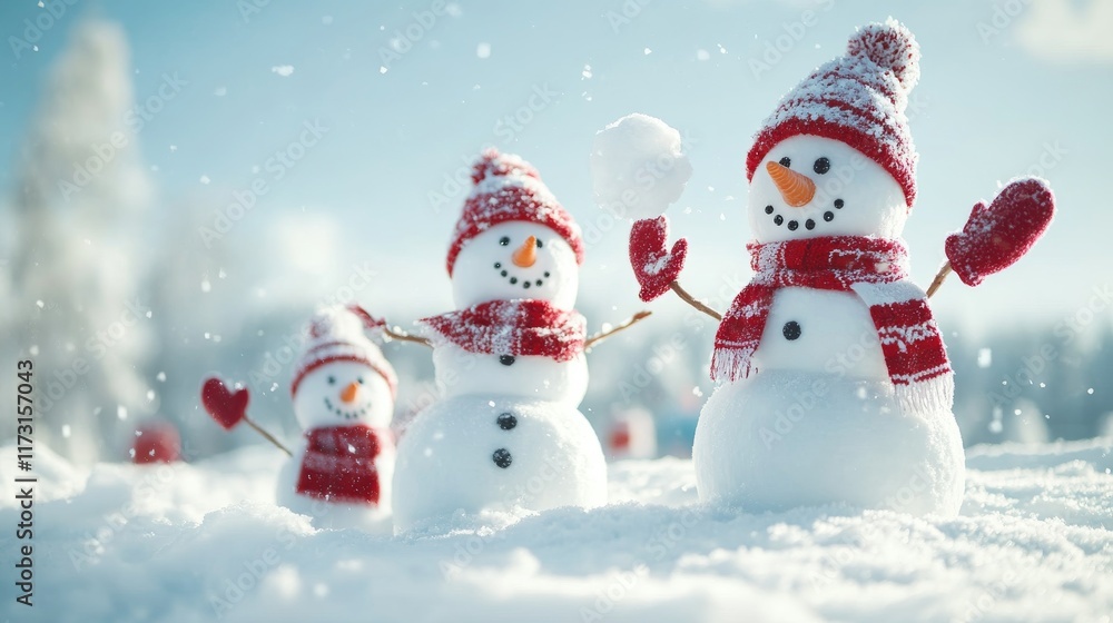 Fototapeta premium Cheerful Snowmen Playing in Winter Snow