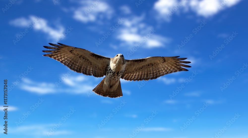 Red-tailed Hawk in flight, Red-Tailed Hawk Searching the Sky As It Flies, A close-up shot of an osprey in flight against a clear blue sky. Red-tailed Hawk in flight, Red-Tailed Hawk Searching the Sky As It Flies, A close-up shot of an osprey in flight against a clear blue sky.