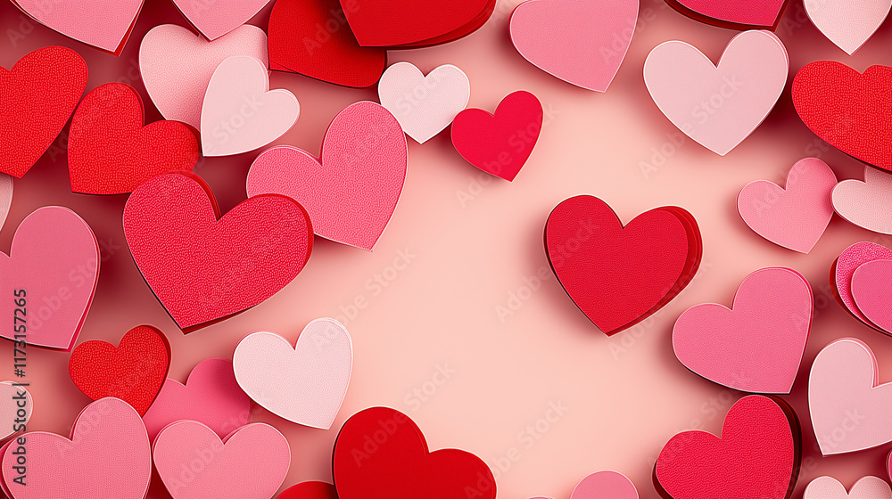 Colorful paper hearts in varying shades of red and pink on a soft pink background with copy space Colorful paper hearts in varying shades of red and pink on a soft pink background with copy space