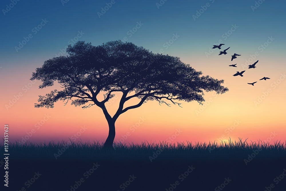 Silhouetted Tree and Birds at Sunset over Grassy Field