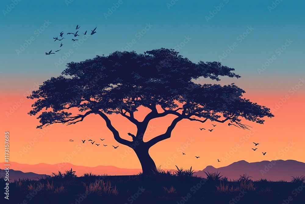 Serene Sunset Landscape with Majestic Tree and Birds Serene Sunset Landscape with Majestic Tree and Birds