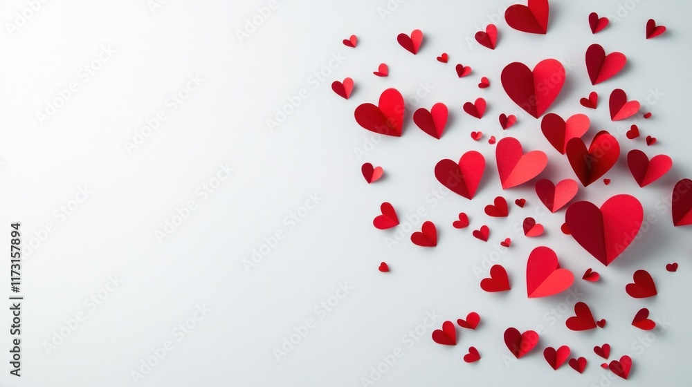 Red paper hearts scattered on white background. Red paper hearts scattered on white background.