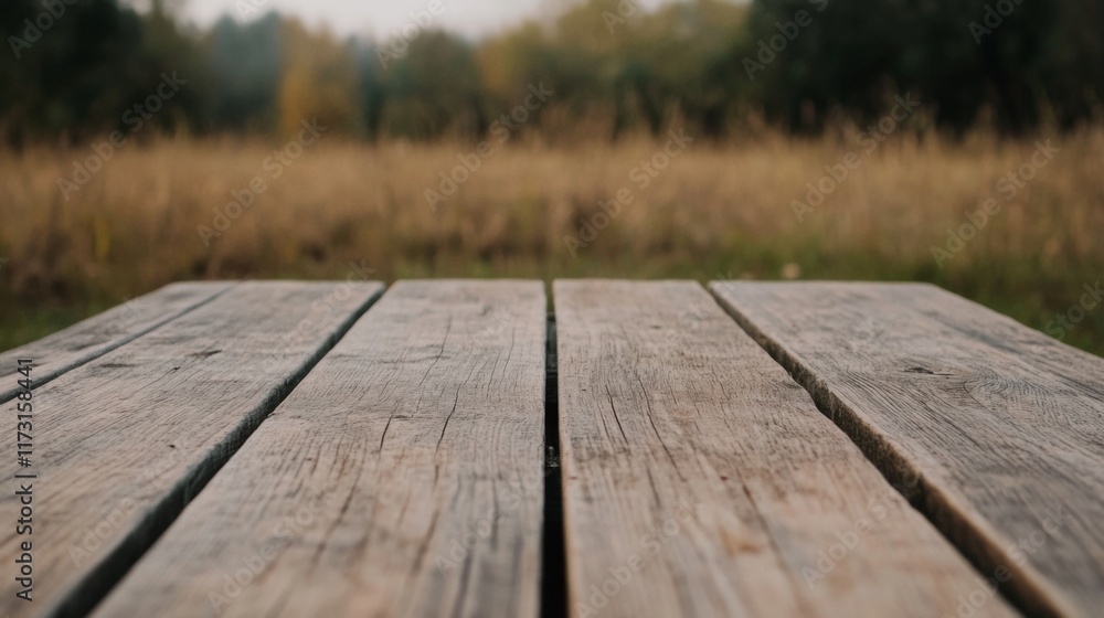 Obraz premium Rustic wooden picnic table outdoors, autumn field background.