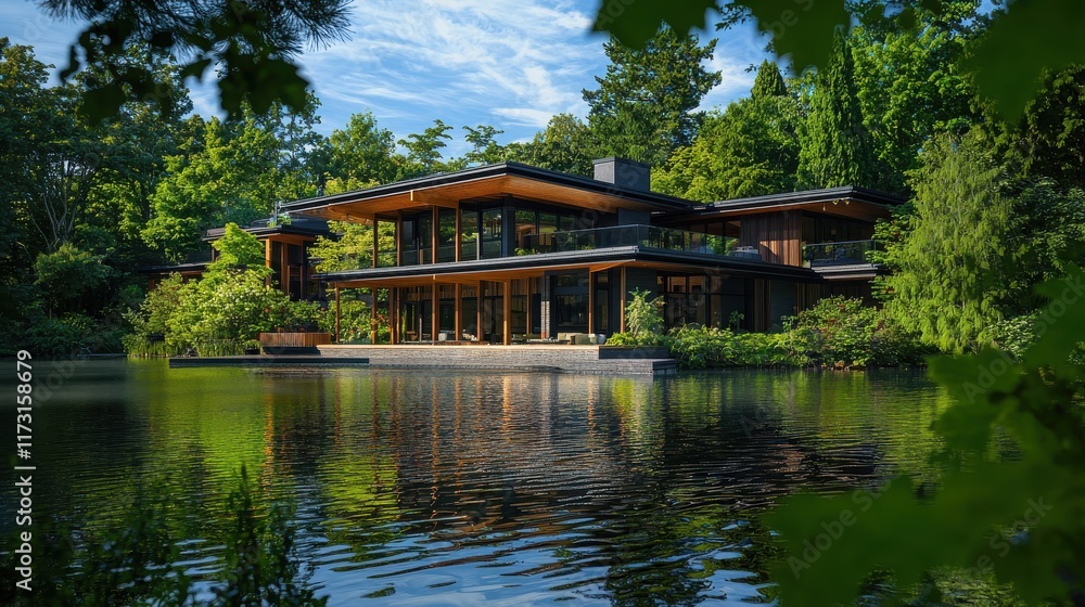 Modern house with large windows reflecting in a serene lake surrounded by lush greenery, creating a harmonious natural atmosphere on a bright sunny day. Generative AI Modern house with large windows reflecting in a serene lake surrounded by lush greenery, creating a harmonious natural atmosphere on a bright sunny day. Generative AI