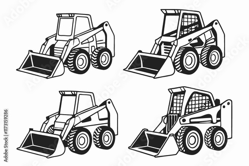 Four Black and White Skid Steer Loader Illustrations