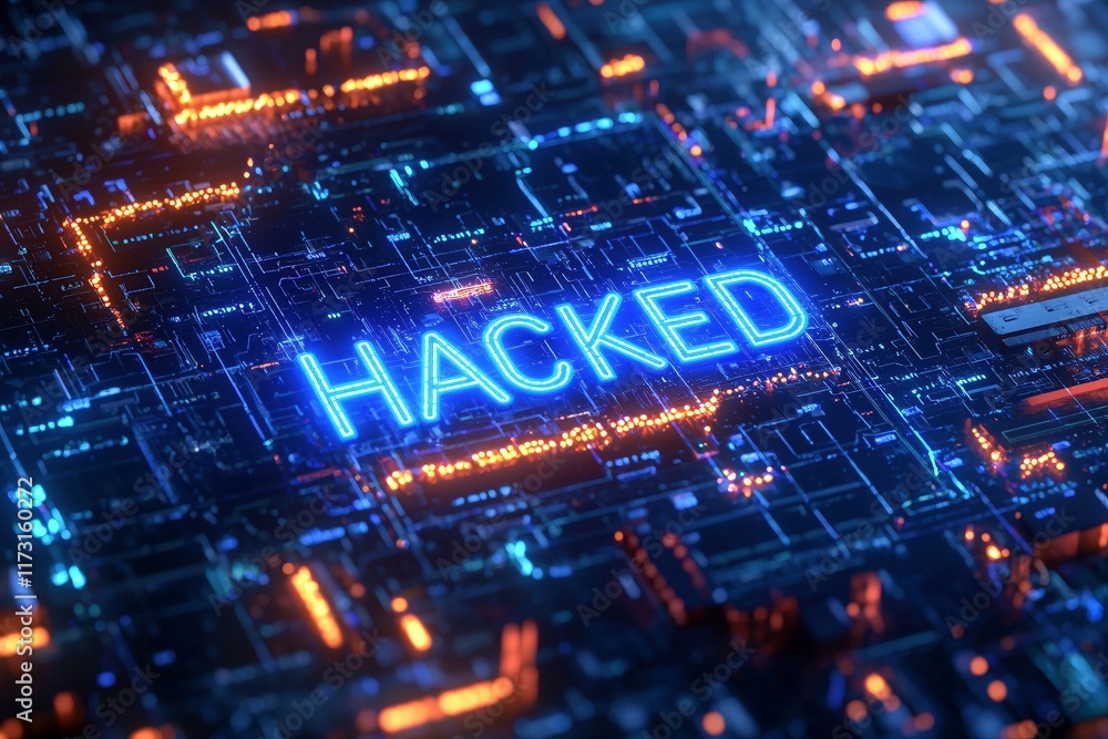Futuristisches leuchtendes elektronisches Bauteil mit leuchtender Schrift Hacked Futuristisches leuchtendes elektronisches Bauteil mit leuchtender Schrift Hacked