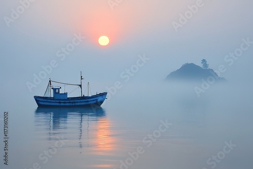 Wallpaper Mural Misty Sunrise at Sea with Fishing Boat Torontodigital.ca