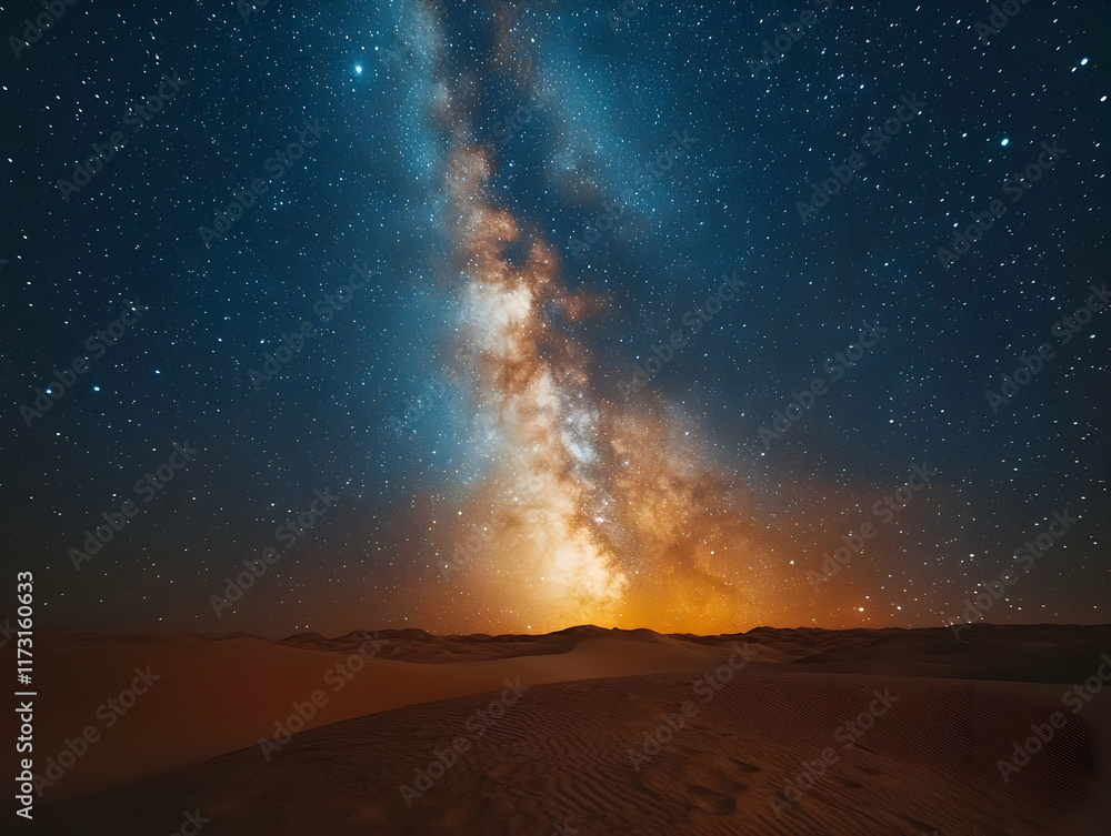 Majestic Milky Way galaxy rising over a vast, orange desert landscape at night. Majestic Milky Way galaxy rising over a vast, orange desert landscape at night.