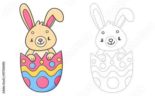 Trace and color coloring book with rabbit in the Easter egg for kids. Coloring page with cartoon bunny. Vector illustration.