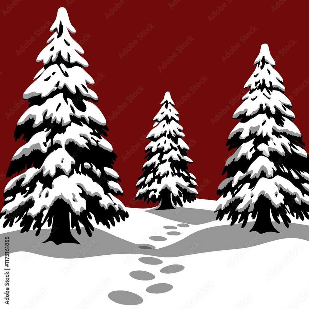 Obraz premium Snowy Winter Landscape with Footprints, Three Pine Trees, Red Background