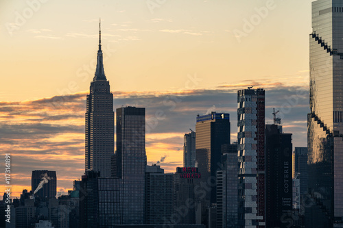 Manhattan skyscrapers skyline, stunning morning light, city scape water reflection, travel destination background image, selective focus isolated subject