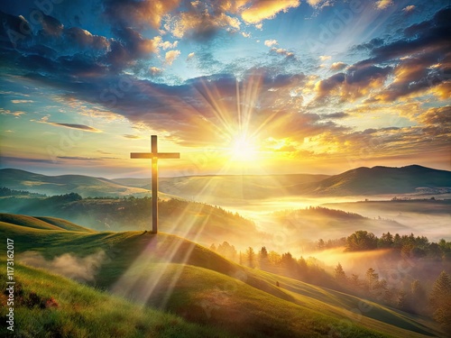 Easter Sunrise Double Exposure, Resurrection, Christian Holiday, Spring Background, Religious Art,  He is Risen, Easter Celebration,  Holy Week photo