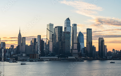 Manhattan skyscrapers skyline, stunning morning light, city scape water reflection, travel destination background image, selective focus isolated subject photo