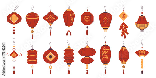 Set of Chinese lanterns or vector China decorations. Icon collection of Asian decoration or eastern lamp clipart. Traditional decor for holiday celebration CNY. New year ornament, festoon for Asia.