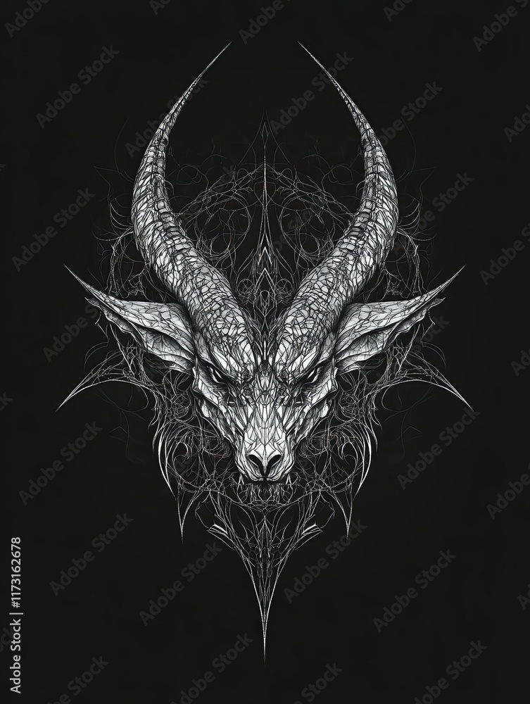 Obraz premium Monochrome illustration of a demonic goat head surrounded by intricate, thorny details against a black background.