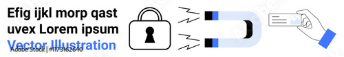 Hand holding keycard, magnet with padlock, placeholder text. Ideal for digital security, data protection, access control, cybersecurity, encryption secure access user authentication. Landing page
