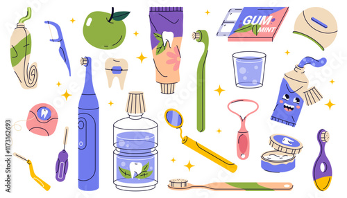 Set of dental tools or oral care items. Vector icon of mouth cleaning and teeth whitening, tooth brushing accessory. Orthodontic equipment. Toothbrush and gum, rinse and tongue scraper, toothpaste.