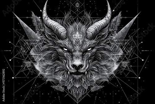 Monochrome illustration of a demonic wolf head with geometric patterns. photo