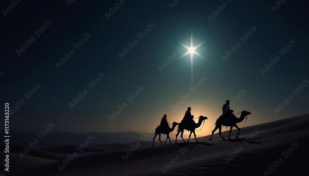 Night desert with three magi on camels under a bright star.Journey of wisdom, faith, and the light of Epiphany.Religious illustration for Epiphany celebrations and greetings.
Night desert with three magi on camels under a bright star.Journey of wisdom, faith, and the light of Epiphany.Religious illustration for Epiphany celebrations and greetings.
