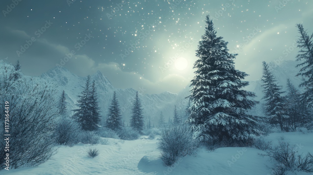 Serene winter landscape with snow-covered trees and a glowing moon. Serene winter landscape with snow-covered trees and a glowing moon.