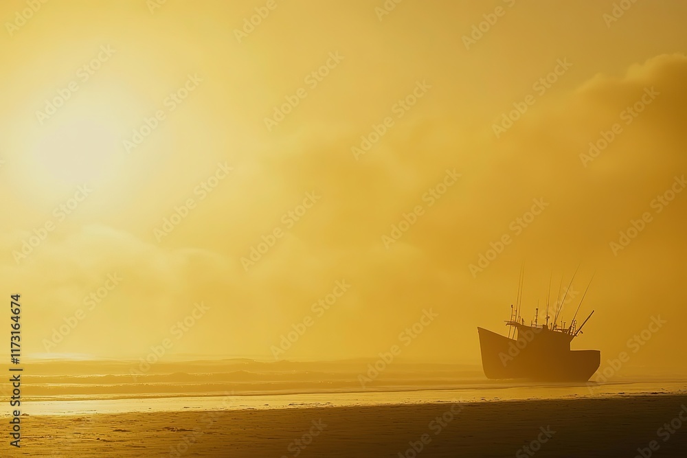 Golden Hour Silhouette of Fishing Vessel on Beach Golden Hour Silhouette of Fishing Vessel on Beach