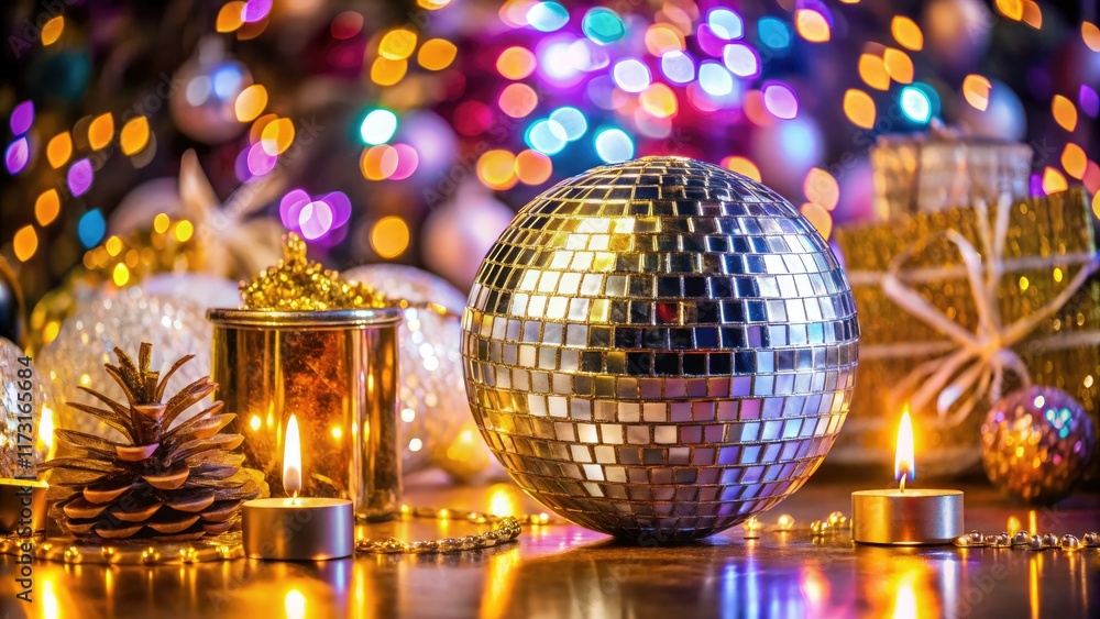 Obraz premium Glamorous New Year's Eve Disco Ball Party: Festive Table Setting & Favors