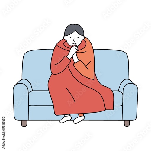 Person Wrapped in Blanket on Sofa Feeling Cold, Sick, Sad