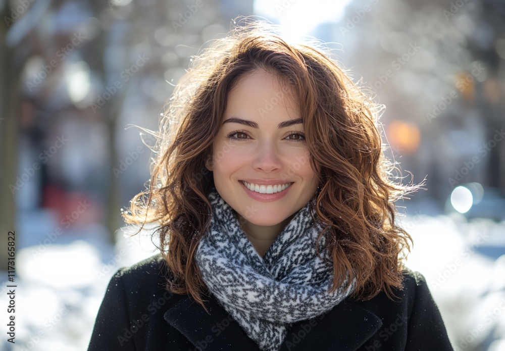 A woman with a scarf and a smile on her face A woman with a scarf and a smile on her face