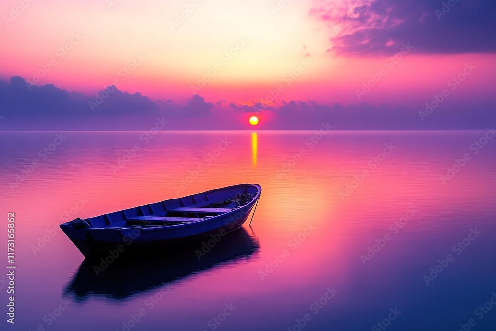 Naklejka premium Serene Sunrise Over Water with a Small Boat