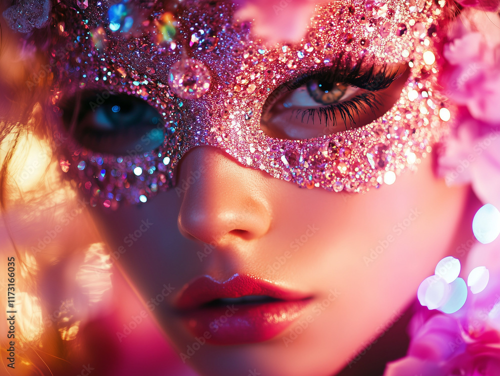 Glamorous close-up of a woman wearing a rhinestone and glitter mask with sparkling details and vibrant colors Glamorous close-up of a woman wearing a rhinestone and glitter mask with sparkling details and vibrant colors