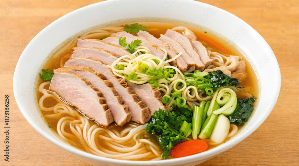 Delicious bowl of ramen with sliced pork and fresh vegetables garnished with green onions Delicious bowl of ramen with sliced pork and fresh vegetables garnished with green onions