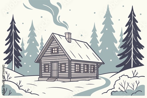 Cozy Winter Cabin in Snowy Forest, Line Art Illustration