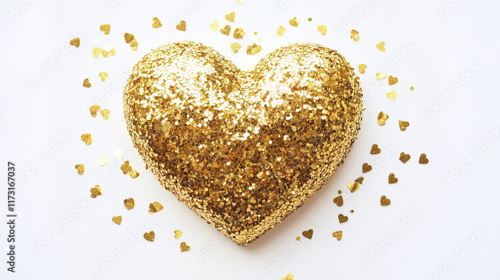 glossy gold heart covered in sparkling glitter, surrounded by tiny hearts glossy gold heart covered in sparkling glitter, surrounded by tiny hearts