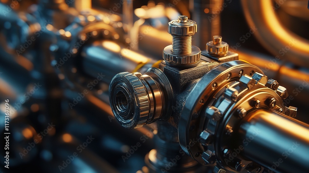 Close-Up Shot of Industrial Hydraulic Valve and Piping System Close-Up Shot of Industrial Hydraulic Valve and Piping System
