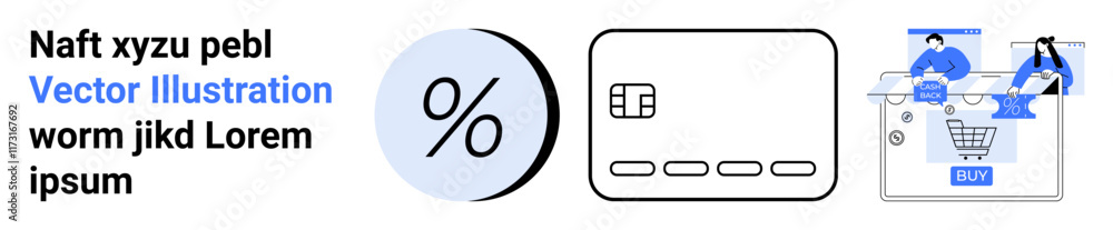 Percent sign in blue circle, bank card with chip, two avatars completing online shopping with cart and buy button. Ideal for online banking, e-commerce, discount offers, digital transactions Percent sign in blue circle, bank card with chip, two avatars completing online shopping with cart and buy button. Ideal for online banking, e-commerce, discount offers, digital transactions