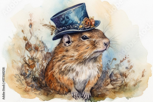 gopher in top hat on a light background in the rococo style, high detail, watercolor.  watercolor style,   photo