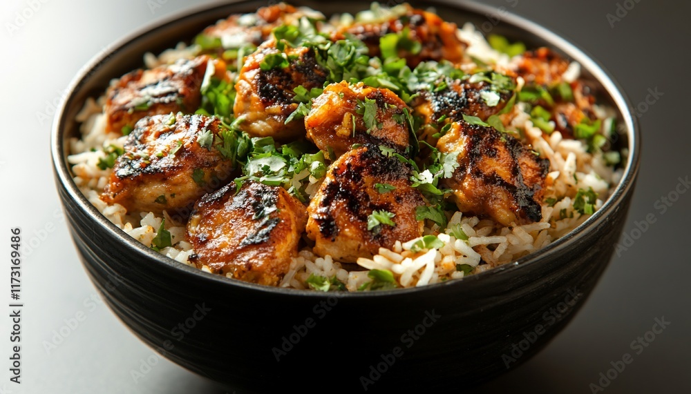 A bowl of rice topped with grilled shrimp and fresh parsley. A bowl of rice topped with grilled shrimp and fresh parsley.