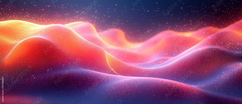 Obraz premium Abstract digital landscape with flowing waves and glowing particles.