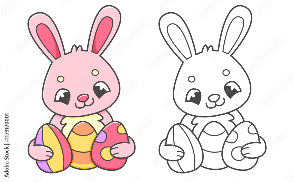 Pink rabbit with Easter eggs coloring book with coloring example for kids. Coloring page with cute bunny. Black and white and color version. Vector children's illustration. Pink rabbit with Easter eggs coloring book with coloring example for kids. Coloring page with cute bunny. Black and white and color version. Vector children's illustration.