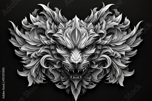 Ornate grayscale lion head with floral design, fierce expression, dark background. photo