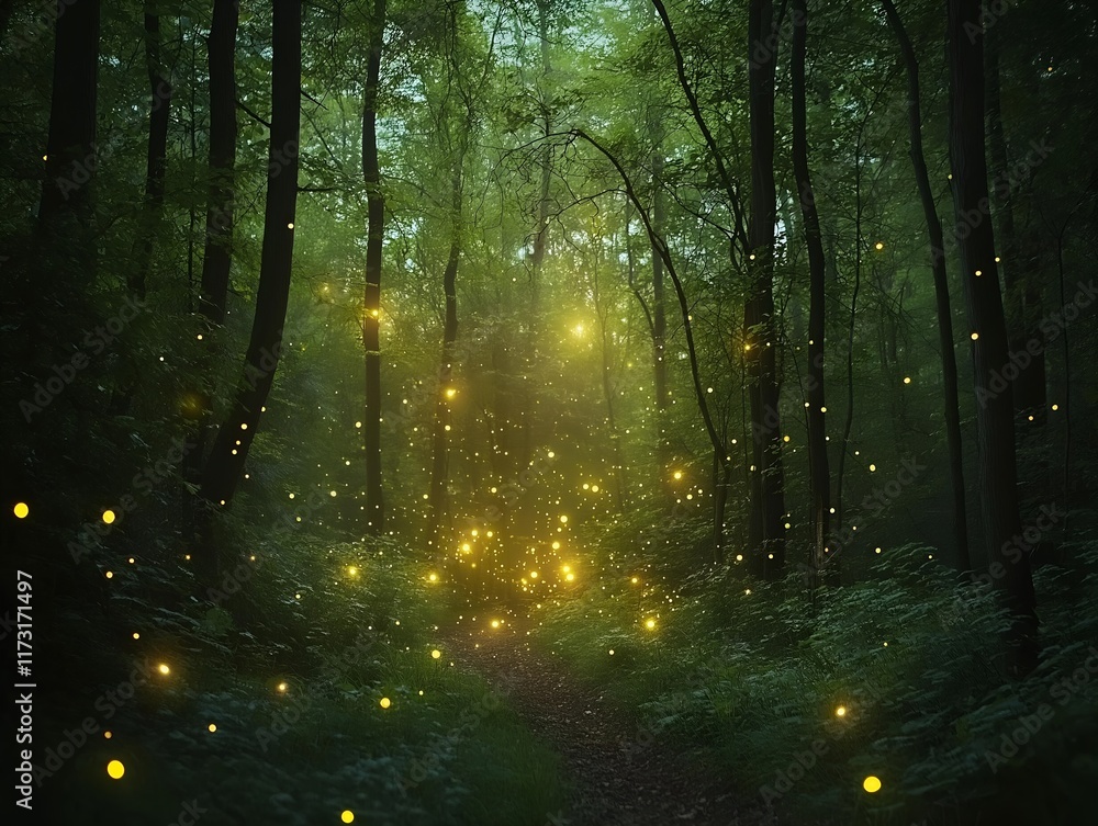 Obraz premium a forest scene with glowing yellow lights, soft light and trees, creates a magical and serene nature view.