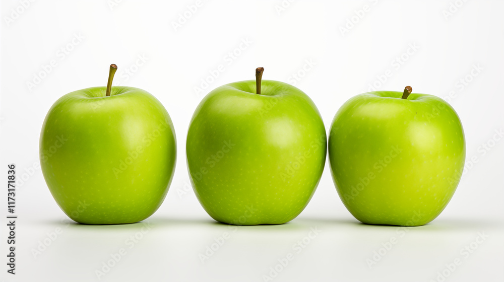 Three Fresh Green Apples on a Minimalist White Background Three Fresh Green Apples on a Minimalist White Background
